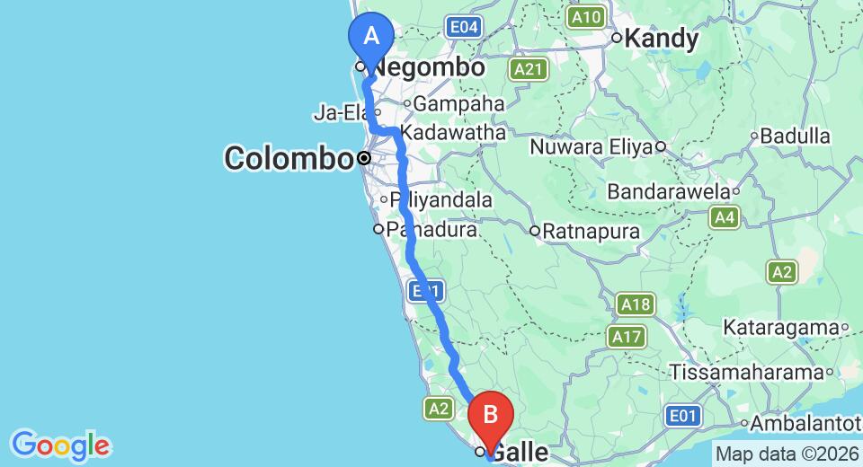 Driving route map: Colombo Airport (CMB) to Casa Madushanka, Unawatuna (152 km, approx 2 h 6 min private transfer)