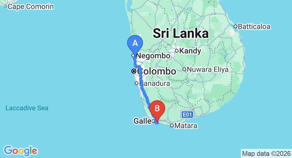 Driving route map: Colombo Airport (CMB) to Hotel Ayurveda Paragon, Talpe (157 km, approx 2 h 14 min private transfer)