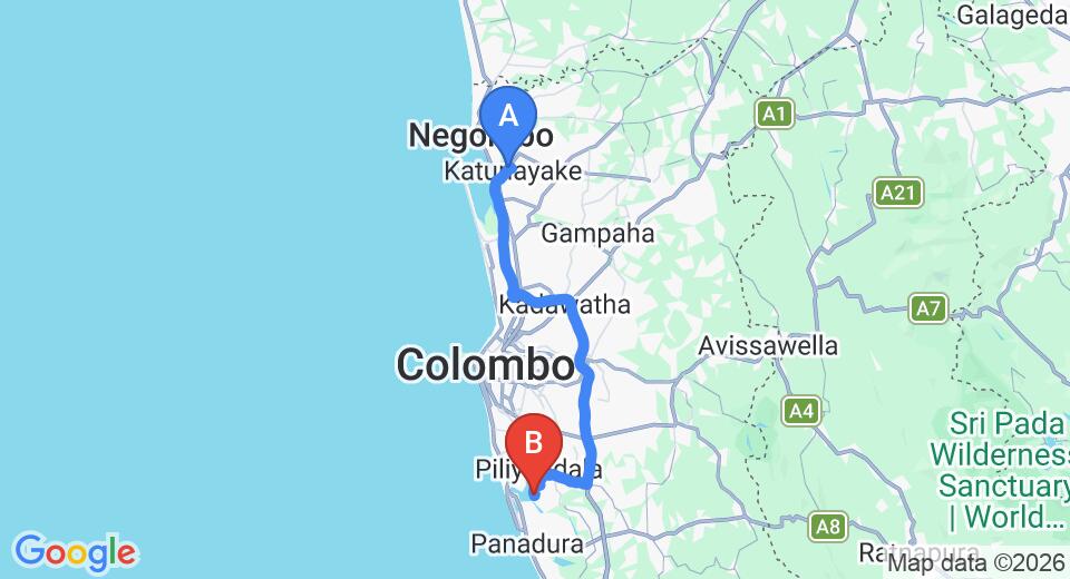 Driving route map: Colombo Airport (CMB) to Dampe Village, Piliyandala (66 km, approx 1 h 13 min private transfer)