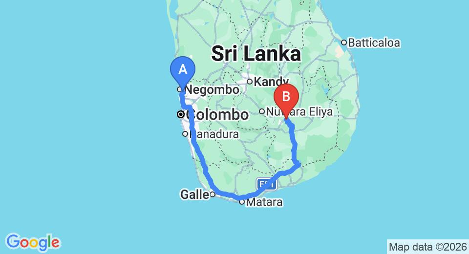 Driving route map: Colombo Airport (CMB) to Ella Infinity View, Ella (336 km, approx 5 h 3 min private transfer)