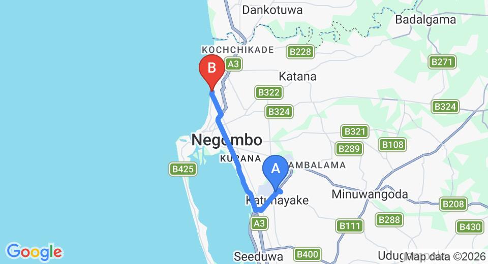 Driving route map: Colombo Airport (CMB) to Silva's Beach Hotel, Negombo (13 km, approx 30 min private transfer)