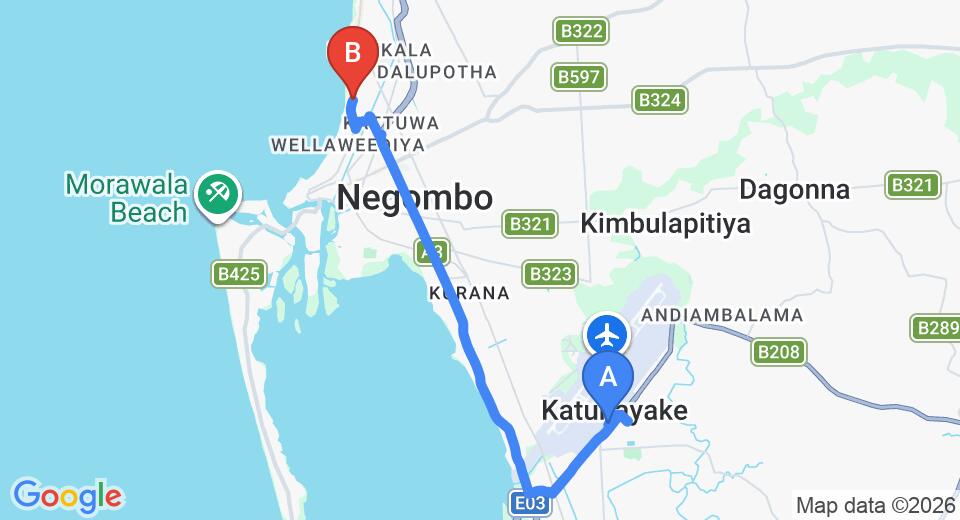 Driving route map: Colombo Airport (CMB) to Hotel Sunset Beach, Negombo (12 km, approx 28 min private transfer)