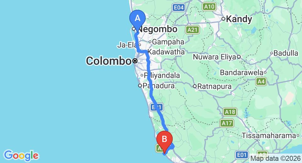 Driving route map: Colombo Airport (CMB) to Villa 46, Hikkaduwa (144 km, approx 2 h 8 min private transfer)