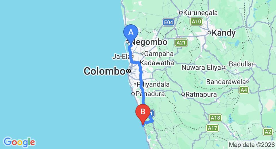 Driving route map: Colombo Airport (CMB) to Amal Beach Hotel, Bentota (109 km, approx 1 h 43 min private transfer)