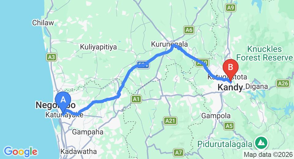 Driving route map: Colombo Airport (CMB) to Stone House, Kandy (111 km, approx 2 h 42 min private transfer)