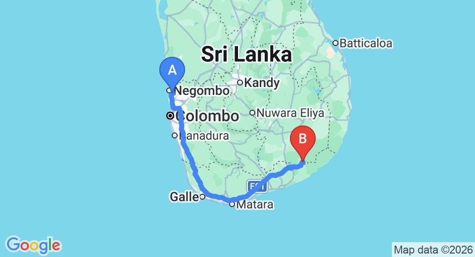 Driving route map: Colombo Airport (CMB) to Andarayaya, Kataragama (285 km, approx 3 h 45 min private transfer)