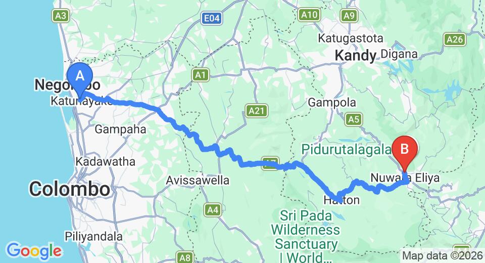 Driving route map: Colombo Airport (CMB) to Milano Inn, Nuwara Eliya (154 km, approx 4 h 47 min private transfer)