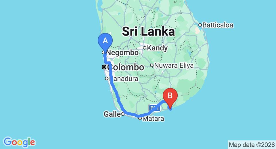 Driving route map: Colombo Airport (CMB) to Shangri-La's Golf Resort and Spa, Hambantota (269 km, approx 3 h 27 min private transfer)