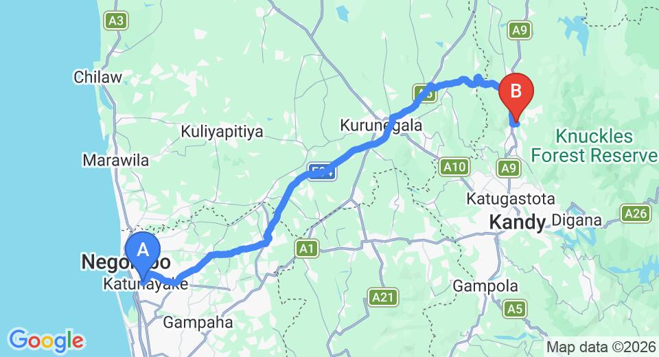 Driving route map: Colombo Airport (CMB) to Riverston Holliday Home Stay, Matale (122 km, approx 2 h 49 min private transfer)
