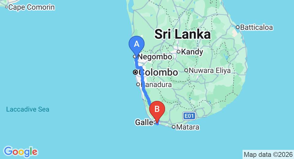 Driving route map: Colombo Airport (CMB) to Sun 'n' Sea Hotel, Unawatuna (153 km, approx 2 h 8 min private transfer)