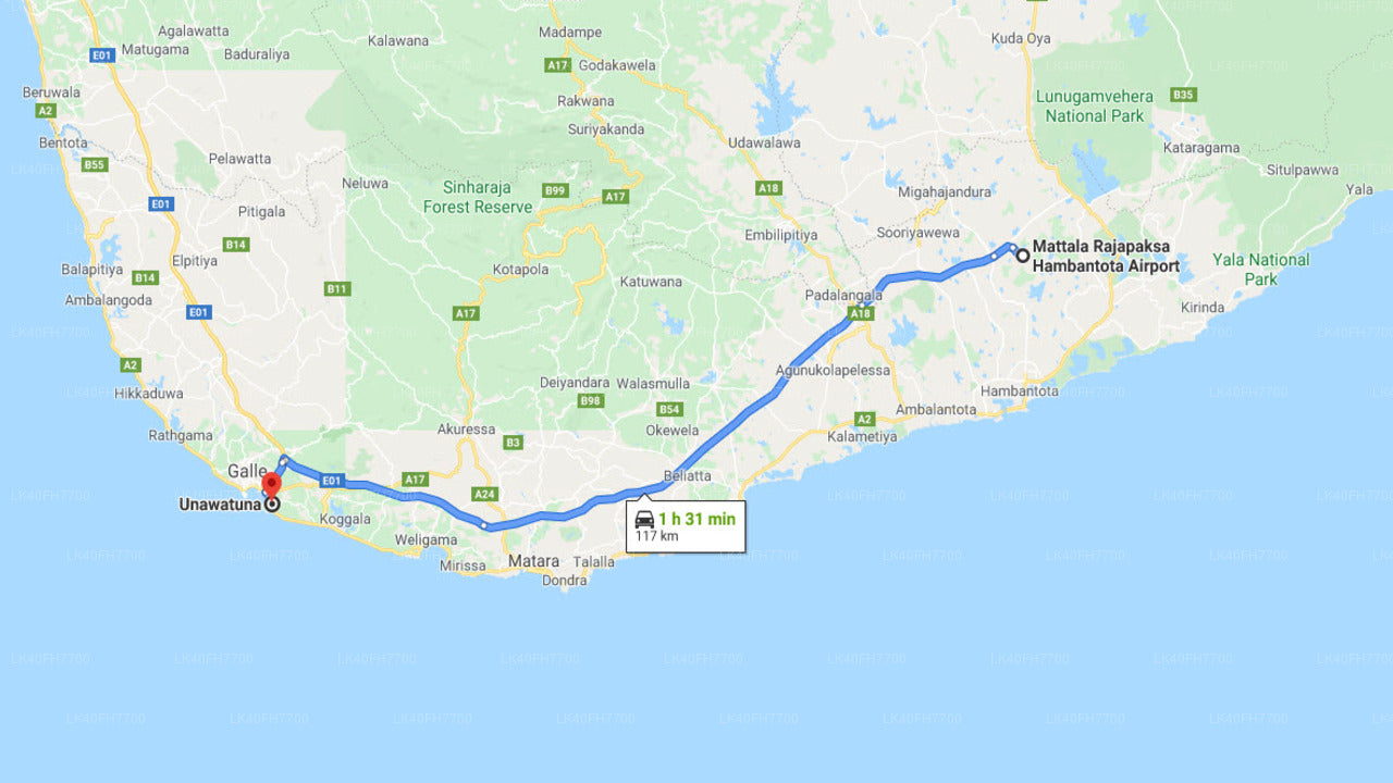 Transfer prywatny z Unawatuna do lotniska Mattala (HRI)