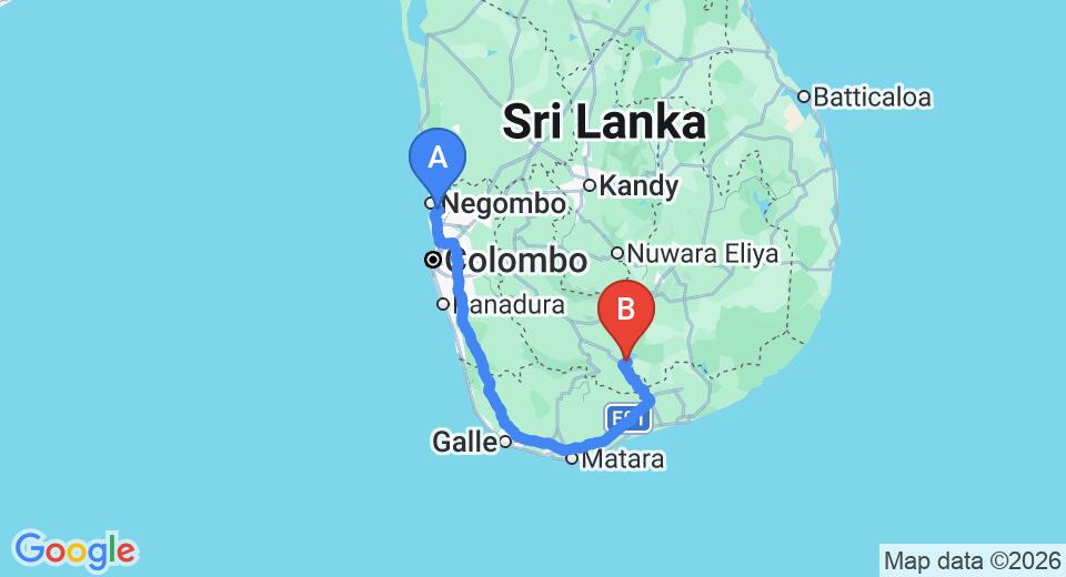 Driving route map: Colombo Airport (CMB) to Hotel Athgira, Udawalawe (259 km, approx 3 h 38 min private transfer)