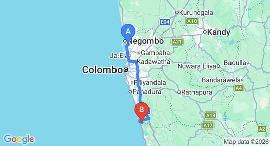 Driving route map: Colombo Airport (CMB) to Mangrove Villa, Bentota (111 km, approx 1 h 46 min private transfer)
