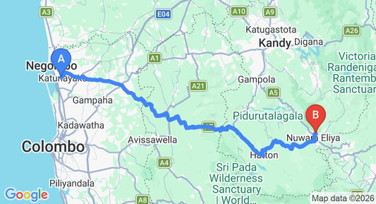Driving route map: Colombo Airport (CMB) to Villa Lemon Court, Nuwara Eliya (155 km, approx 4 h 49 min private transfer)
