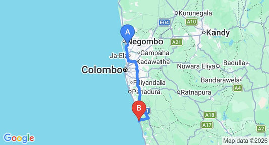 Driving route map: Colombo Airport (CMB) to Avani Bentota Resort and Spa, Bentota (107 km, approx 1 h 40 min private transfer)