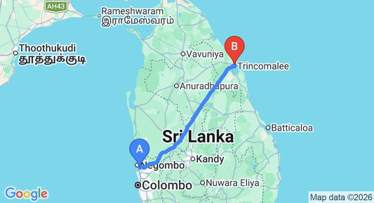 Driving route map: Colombo Airport (CMB) to Uppuveli (236 km, approx 4 h 47 min private transfer)