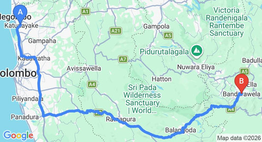 Driving route map: Colombo Airport (CMB) to Holiday Bungalow Bandarawela, Bandarawela (220 km, approx 5 h 23 min private transfer)