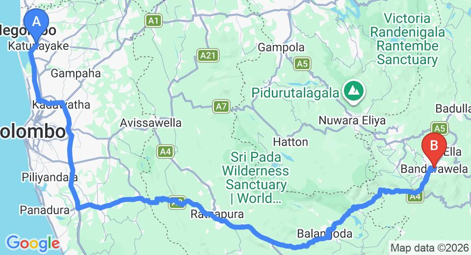 Driving route map: Colombo Airport (CMB) to The Hideaway, Bandarawela (220 km, approx 5 h 23 min private transfer)