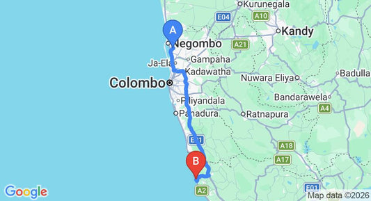 Driving route map: Colombo Airport (CMB) to Ramon Beach Resort, Ambalangoda (133 km, approx 2 h 6 min private transfer)