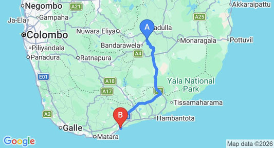 Driving route map: Ella to Tangalle (137 km, approx 2 h 36 min private transfer)