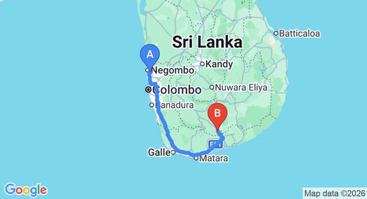 Driving route map: Colombo Airport (CMB) to Embilipitiya (244 km, approx 3 h 15 min private transfer)