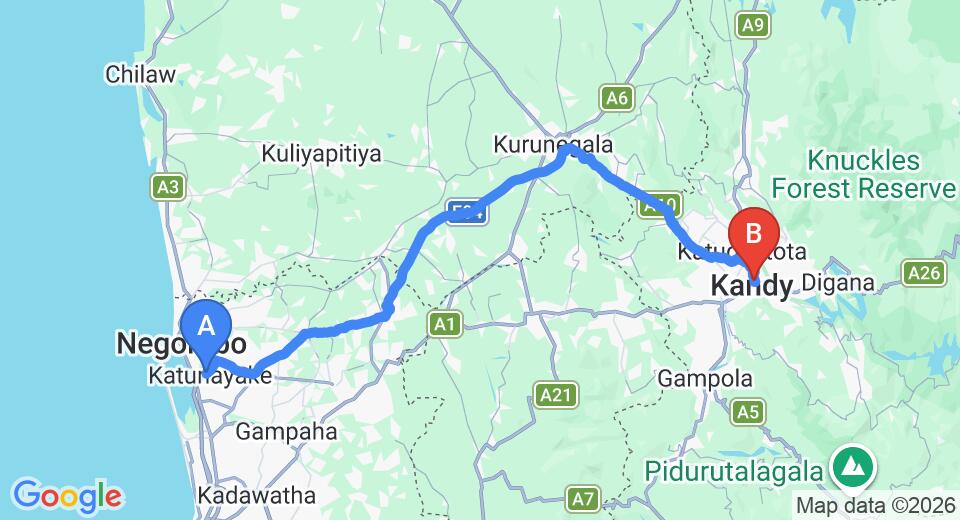 Driving route map: Colombo Airport (CMB) to Castle Hill Guest House, Kandy (113 km, approx 2 h 50 min private transfer)
