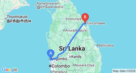 Driving route map: Colombo Airport (CMB) to Welcombe Hotel, Trincomalee (238 km, approx 4 h 50 min private transfer)