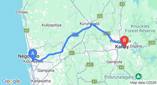Driving route map: Colombo Airport (CMB) to Albatross Boutique Villa, Kandy (117 km, approx 2 h 58 min private transfer)