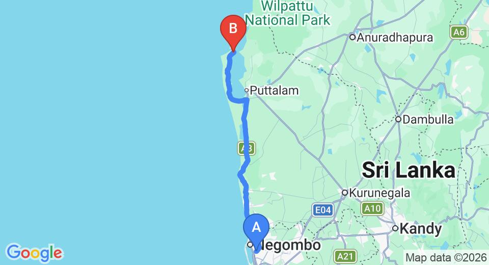 Driving route map: Colombo Airport (CMB) to Diyamba, Kalpitiya (140 km, approx 3 h 17 min private transfer)