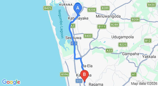 Driving route map: Colombo Airport (CMB) to Misuki Plaza, Katunayake (19 km, approx 30 min private transfer)