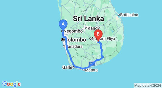 Driving route map: Colombo Airport (CMB) to Dowa Elegance Resort, Bandarawela (343 km, approx 5 h 16 min private transfer)
