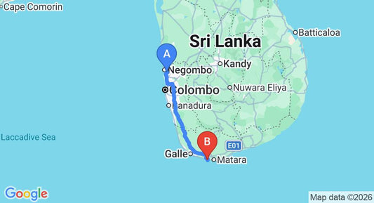Driving route map: Colombo Airport (CMB) to Calm Rest, Mirissa (177 km, approx 2 h 33 min private transfer)