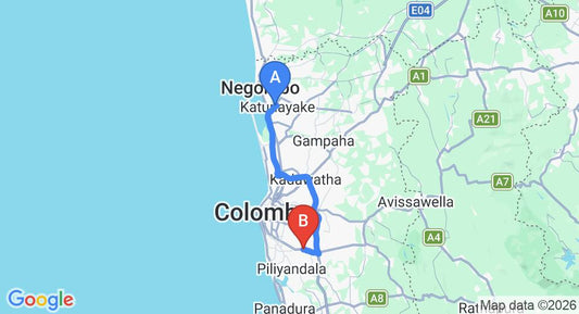 Driving route map: Colombo Airport (CMB) to Pannipitiya (53 km, approx 56 min private transfer)