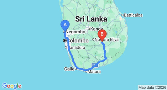 Driving route map: Colombo Airport (CMB) to Ella Jungle Inn, Ella (336 km, approx 4 h 58 min private transfer)