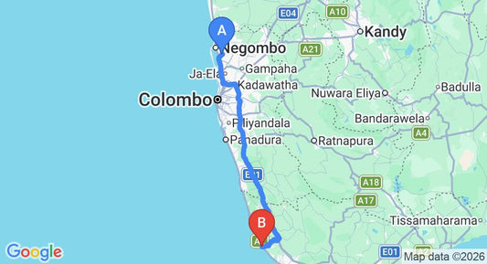 Driving route map: Colombo Airport (CMB) to Villa Tara, Hikkaduwa (143 km, approx 2 h 7 min private transfer)