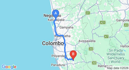 Driving route map: Colombo Airport (CMB) to Cinnamon Eco Lodge, Horana (68 km, approx 1 h 13 min private transfer)