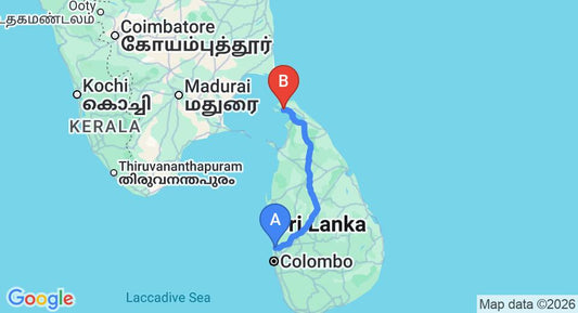Driving route map: Colombo Airport (CMB) to Tulasi Mahal, Jaffna (371 km, approx 7 h 12 min private transfer)