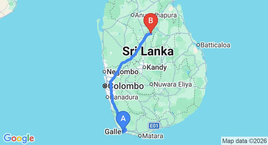 Driving route map: Galle to Sigiriya (275 km, approx 5 h 3 min private transfer)