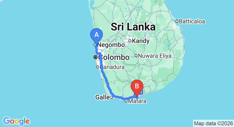 Driving route map: Colombo Airport (CMB) to Paradise Cove Villas, Tangalle (212 km, approx 2 h 54 min private transfer)