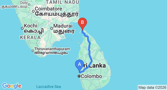 Driving route map: Colombo Airport (CMB) to Jaffna (JAF) Airport (387 km, approx 7 h 39 min private transfer)
