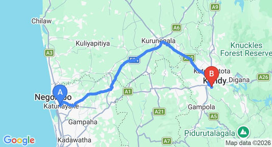 Driving route map: Colombo Airport (CMB) to Amaya Hills, Kandy (116 km, approx 2 h 58 min private transfer)