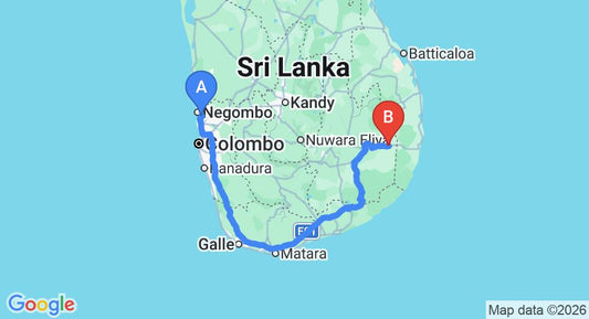 Driving route map: Colombo Airport (CMB) to Siyambalanduwa (380 km, approx 5 h 41 min private transfer)