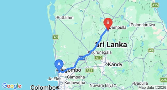 Driving route map: Colombo Airport (CMB) to Thilanka Resort and Spa, Dambulla (133 km, approx 2 h 54 min private transfer)