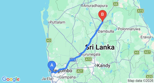 Driving route map: Colombo Airport (CMB) to GaLK15adawala Forest Lodge, Habarana (151 km, approx 3 h 12 min private transfer)