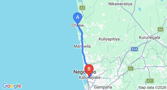 Driving route map: Chilaw to Colombo Airport (CMB) (53 km, approx 1 h 30 min private transfer)