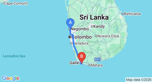 Driving route map: Colombo Airport (CMB) to Apa Villa, Talpe (156 km, approx 2 h 13 min private transfer)