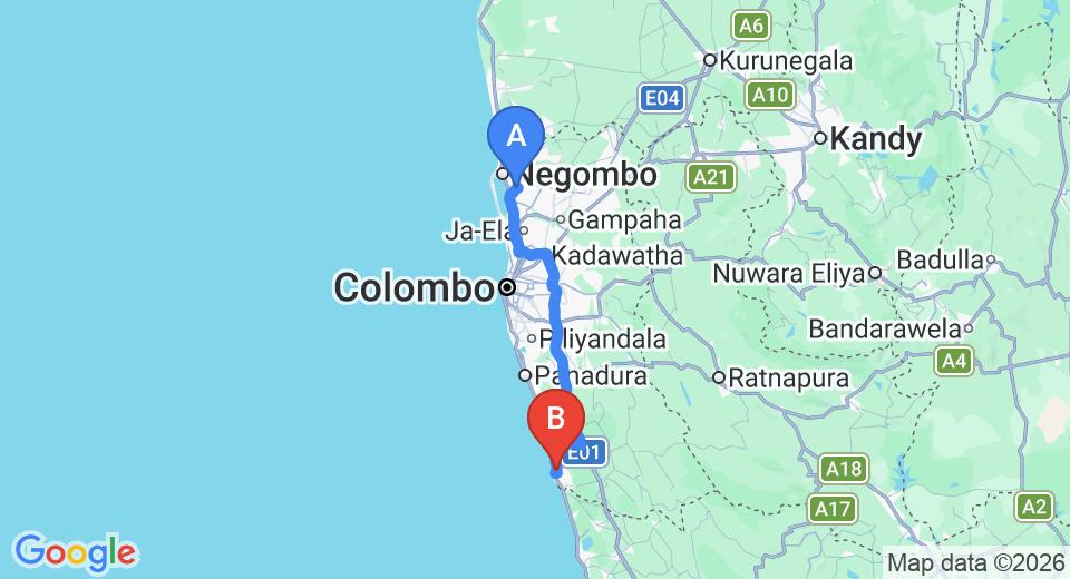 Driving route map: Colombo Airport (CMB) to Hotel Gemporia Bay View, Beruwala (100 km, approx 1 h 44 min private transfer)