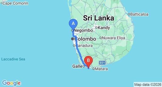 Driving route map: Colombo Airport (CMB) to Lace Rock Beach Cabanas, Ahangama (168 km, approx 2 h 25 min private transfer)