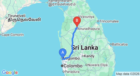 Driving route map: Colombo Airport (CMB) to Rajarata Lodge, Anuradhapura (178 km, approx 3 h 52 min private transfer)