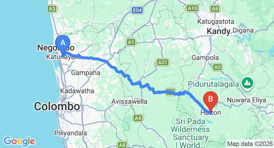 Driving route map: Colombo Airport (CMB) to Park Rest Niwasa, Hatton (116 km, approx 3 h 36 min private transfer)